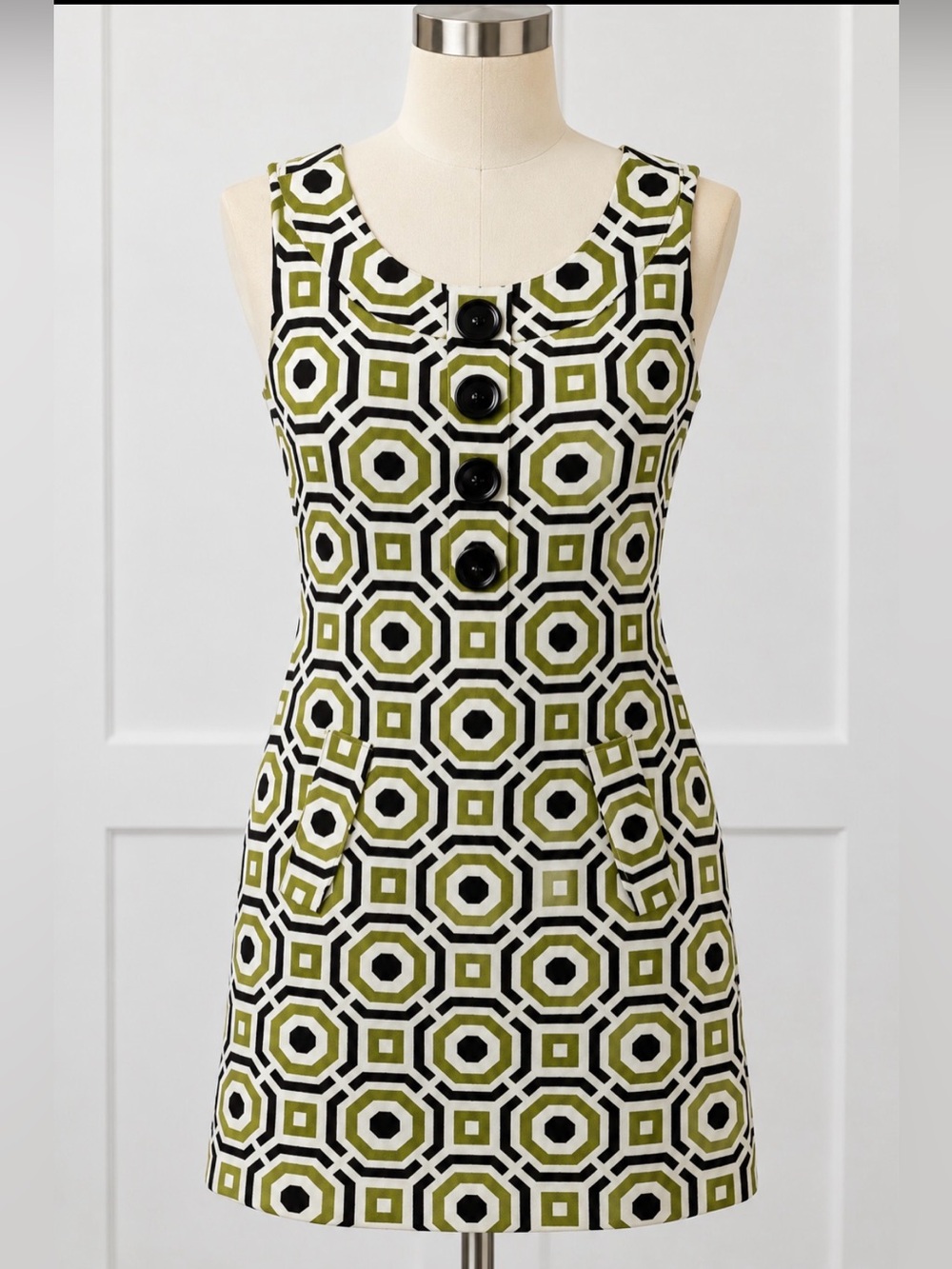 Willi Smith 100% Linen Olive, Black & White Geometric Sleevelessw Shift Dress